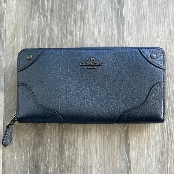 Coach Mickie Blue Metallic Leather Accordion Wallet - Picture 1 of 5